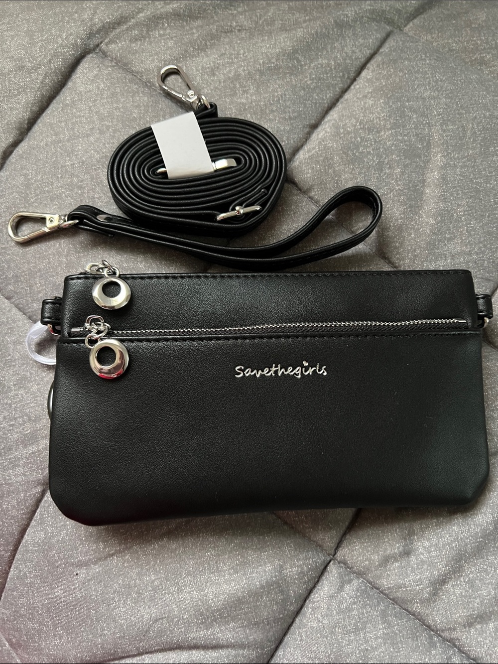 Savethegirls Black Leatherette Crossbody Wristlet with Detachable Strap